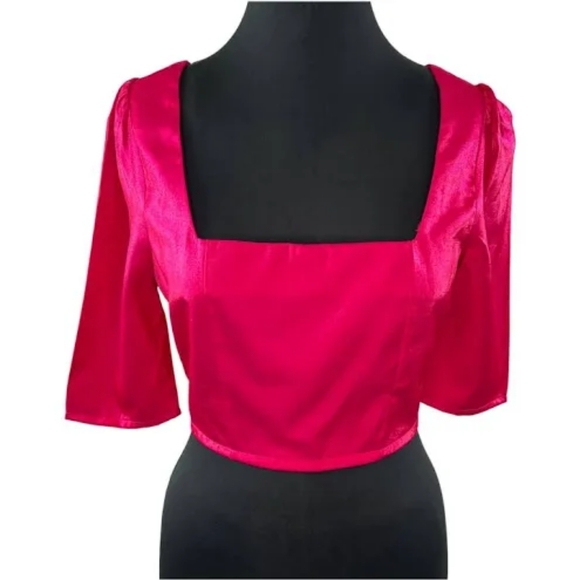 Nasty Gal Magenta Pink Puff Sleeve Square Neck Crop Top NWT 8 - Picture 1 of 14